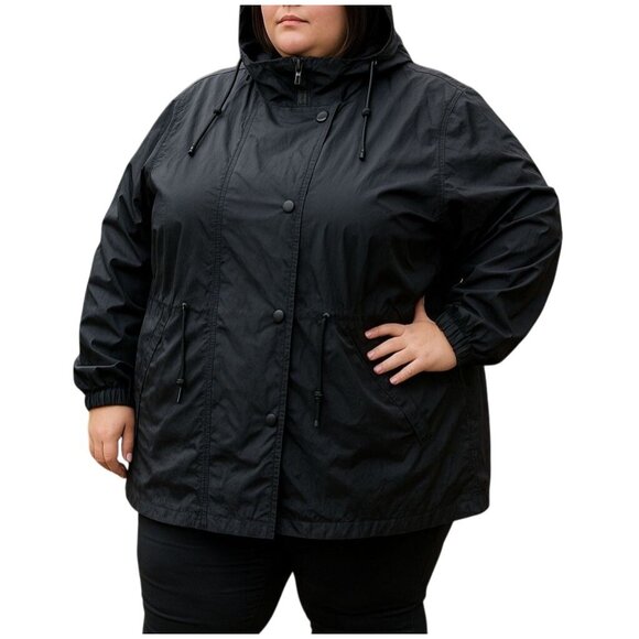 Woman Within Black Removable Hooded Raincoat Snap Button Zipper Closure Size 2X - Picture 1 of 14